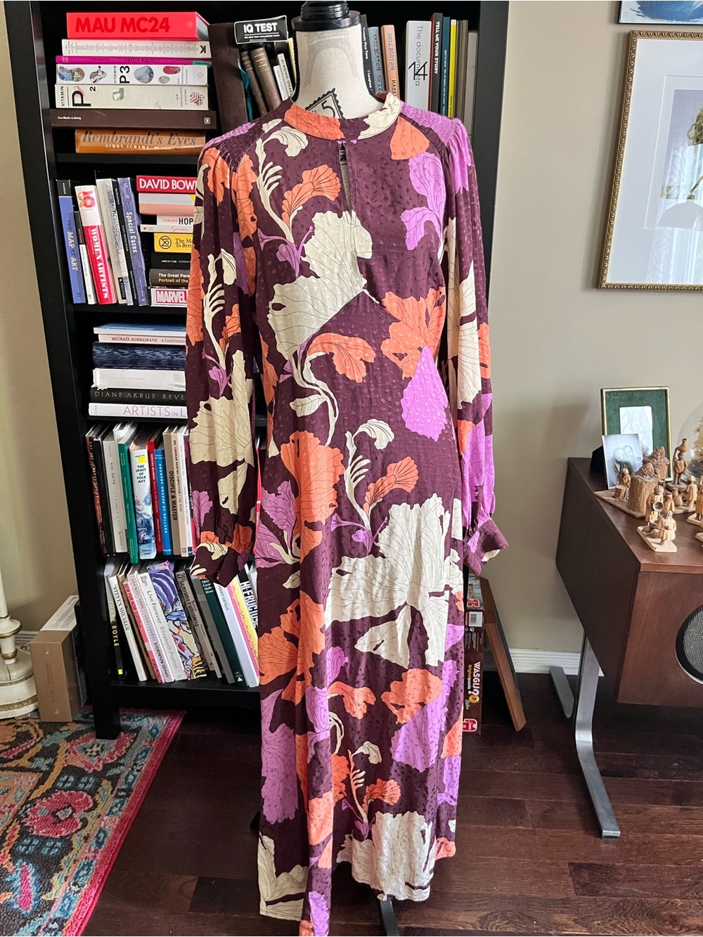 Maxi Floral with Balloon Long-Sleeve Dress in Plum, Pink & Cream